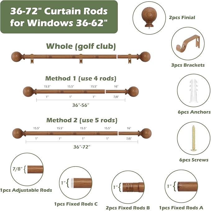 Wood Curtain Rods for Windows 36 to 72 Inch,1 Inch Wood Grain Ball Adjustable Curtain Rod,Boho Heavy Duty Curtain Rods,Farmhouse Rustic Single Window Curtains Rods,Brown Drapery Rods Set 36-72"