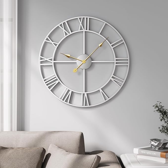 Cuspin 20 Inch Wall Clock Large Silver Decorative Clocks, Modern Metal Round Wall Clock Battery-Operated Roman Numerals for Living Room Bedroom, Kitchen, Office Decor