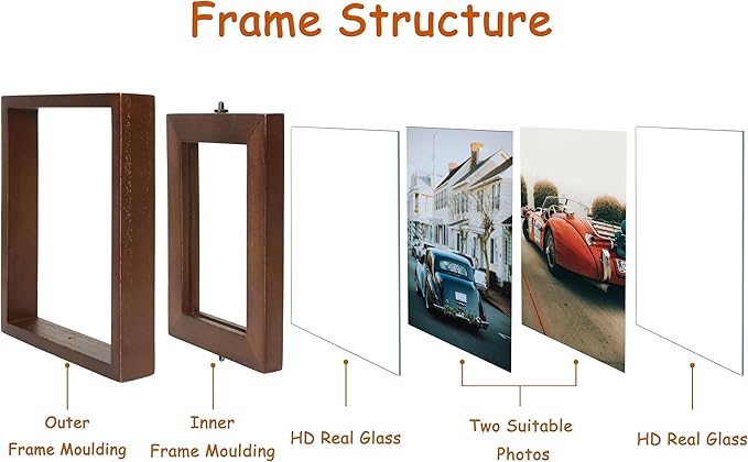4x4 Double-Sided Rotating Floating Square Picture Frames (2 Pack, Brown), Solid Pine Wood with Real Glass for Horizontal Vertical Standing Display Desk Tabletop Photo Frames