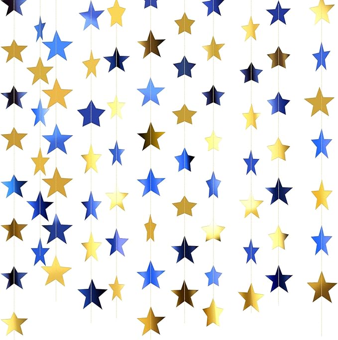 Patelai Glitter Star Garland Banner 2026 New Years Decor 130 Feet Star Hanging Banner Twinkle Backdrop for Birthday Classroom Wedding Christmas Party Supplies(Blue, Gold)