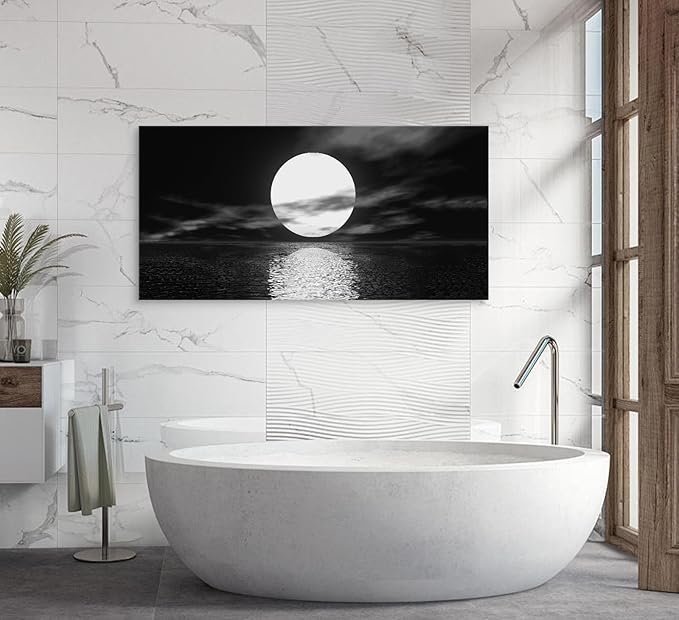 Cao Gen Decor Art S06498 Wall Art Canvas Sea White Full Moon in Night Picture Canvas Poster Print Black and White Ocean for Living Room Bedroom Kitchen Home Decorations Framed Artwork
