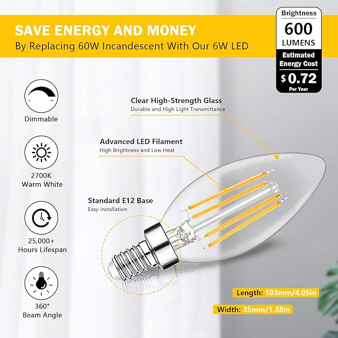 Dimmable E12 LED Candelabra Bulbs 60W Equivalent, 2700K Soft Warm White, 600 Lumens B11 Candle Base 6W C35 LED Filament Vintage Light Bulbs, Clear Glass for Chandelier Ceiling Fan High CRI 90+, 6-Pack