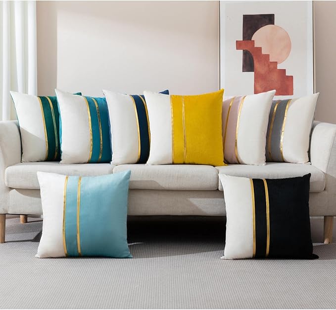 ZLINA Set of 2 Velvet Decorative Throw Pillow Covers Aqua Green White Patchwork with Gold Leather Pillow Covers 18 × 18 Inch Cushion Covers Decor Living Room Sofa Bedroom Car