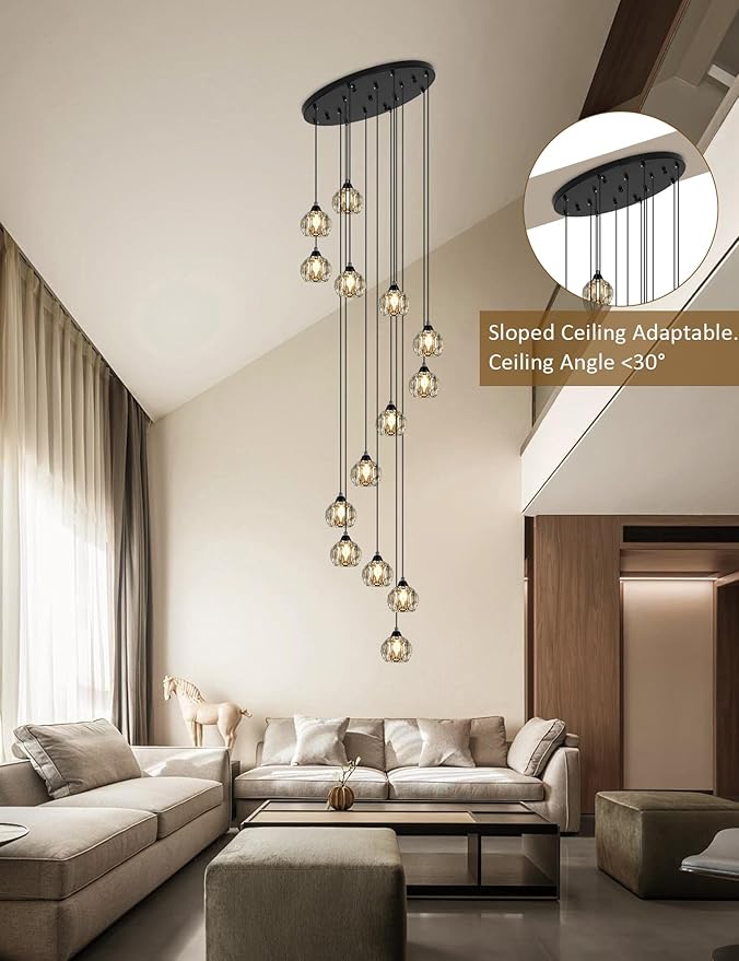 Crystal Chandeliers for Staircases, 14-Light Black Modern Chandeliers for High Ceilings，Crystal Pendant Light Fixture for Living Room Kitchen Island Foyer Hallway Bar