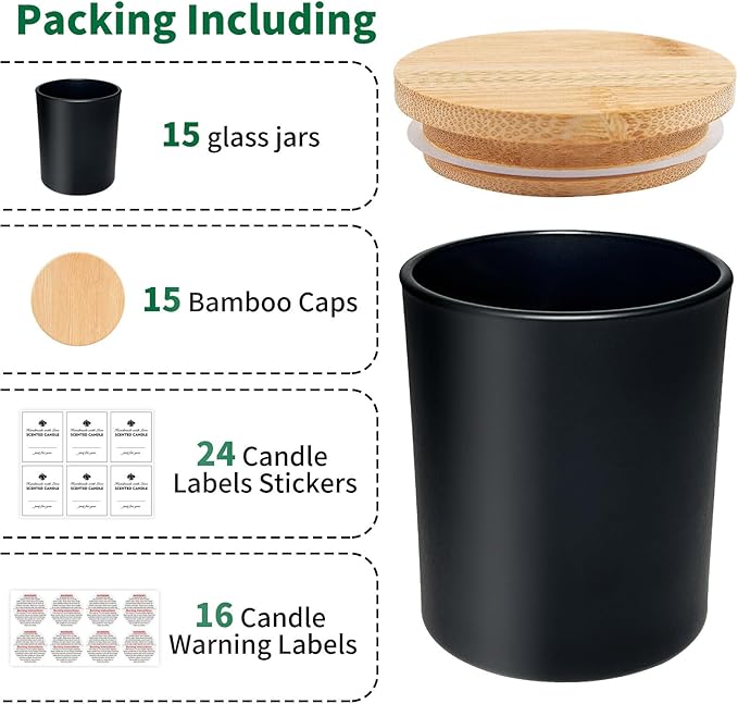 15 Pack Glass Candle Jars- 7 fl.oz Matt Black Empty Candle Jars with Bamboo Lids and Sticky Labels, Bulk Candle Containers for Making Candles for Halloween