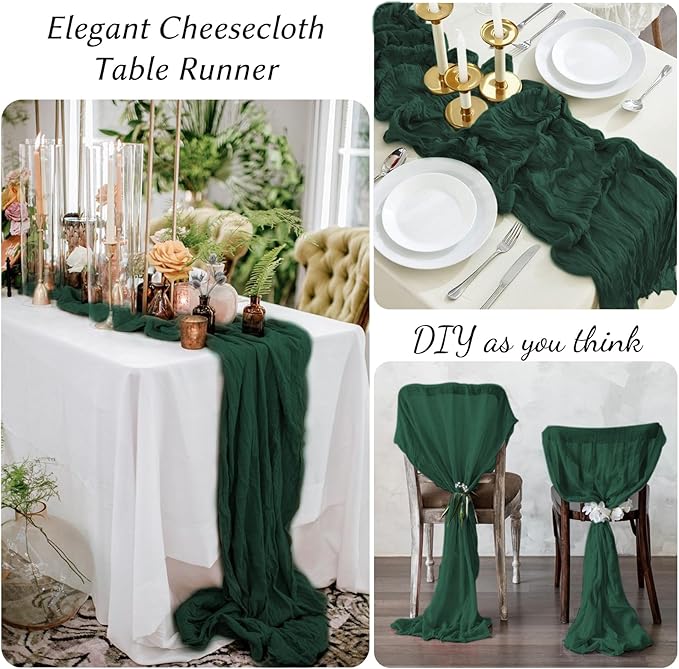 10Pack Emerald Green Cheesecloth Table Runner,10FT/120 Inch Boho Gauze Fabric Table Runner,Rustic Sheer Dark Green Cheese Cloth Runner Bulk for Wedding,Bridal Baby Shower,Christmas Party,Table Decor