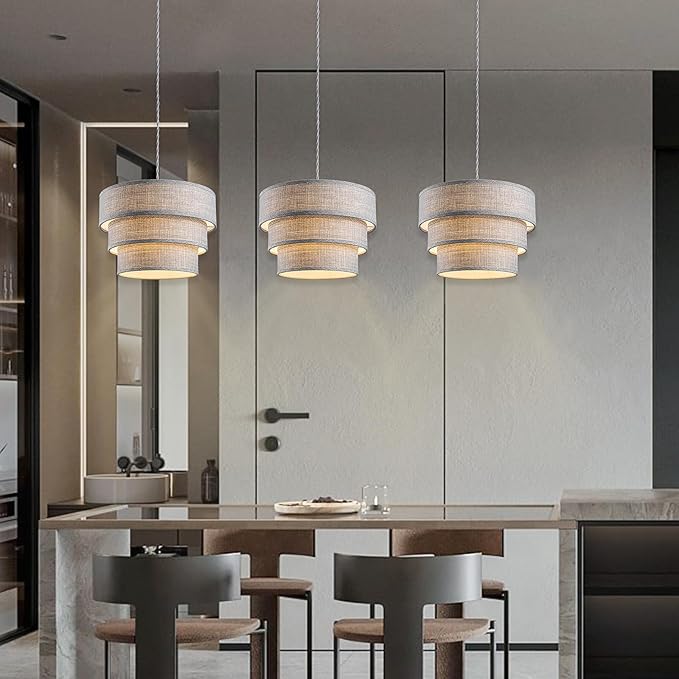 Plug in Pendant Light, Hanging Lamp with Dimmable Switch, Hanging Light Fixtures with 15 Ft Cord, Swag Light with Grey Fabric Shade for Bedroom, Kitchen, Living Room, Dining Table