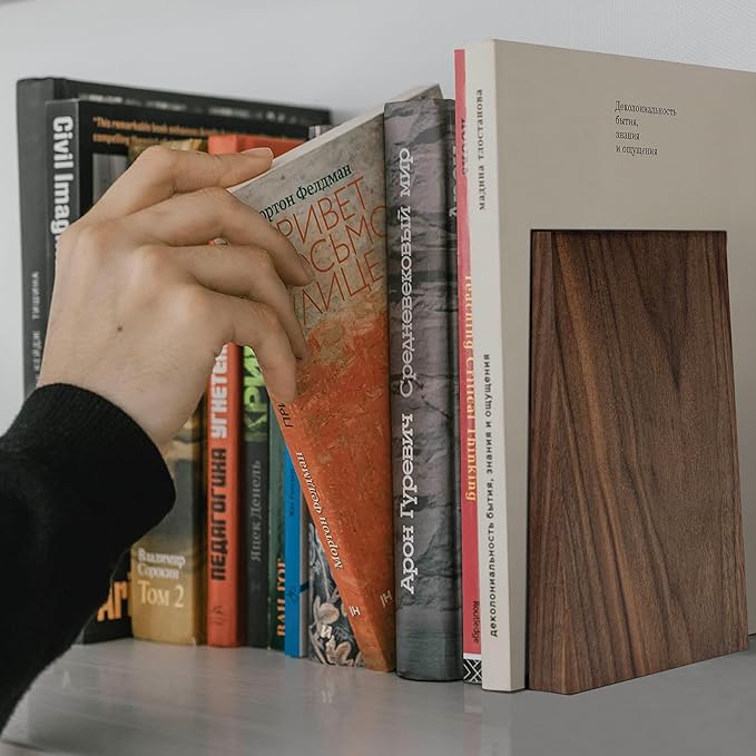 Luxdecor Walnut Book Ends Hold Heavy Books-7x6x5in Wood Bookends for Office Desk Non Skid, Decorative Walnut Bookend 2pack, Triangle Style