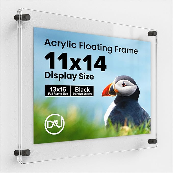 Acrylic Floating Frames Black Standoffs(single) 11" x 14" Clear Acrylic Frames for Wall Mount Floating Picture Frame, Diploma Poster Certificate Hanging Photo Display Degree Prints Artwork Documents