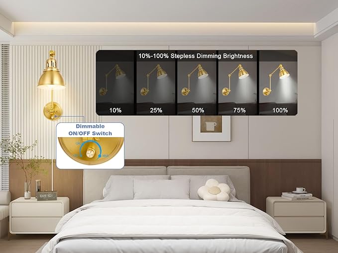 2 Pack Plug in Wall Sconces, Dimmable On Off Switch, Swing Arm Wall Lamps, Wall Sconces Set of Two, Gold Metal Industrial, Plug-in or Hardwired (Gold, Without Bulbs+Remote)
