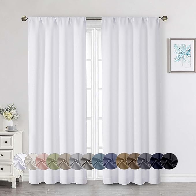 White Light Filtering Curtains for Bedroom Living Room 72 Inches Long 2 Panels Set, Soft Solid Thermal Insulated Privacy French Door Curtain, Modern Rod Pocket Design, White, 40" Wx72 L
