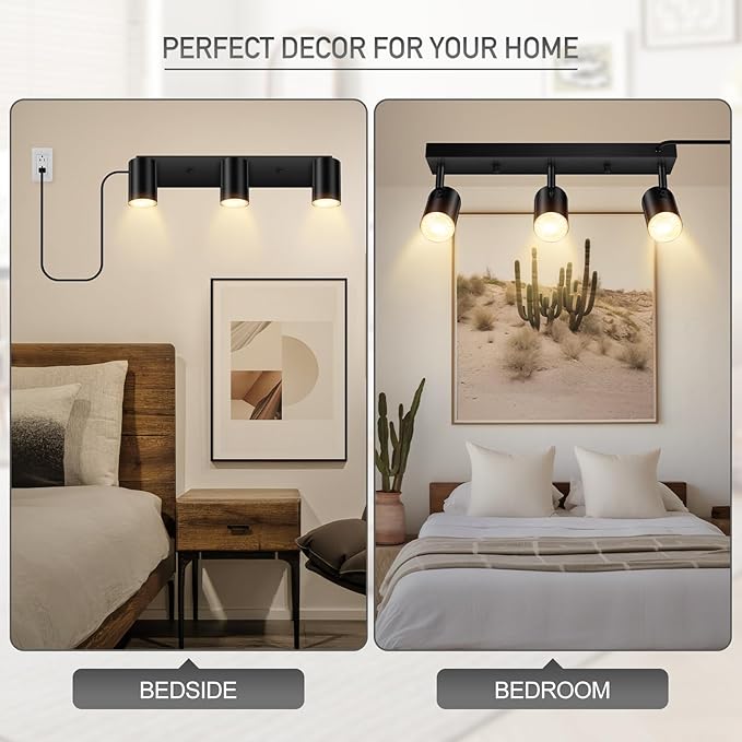 BoostArea LED Track Lighting Ceiling Fixtures, Black 3-Light Plug in Track Lights for Kitchen, 3 Way Ceiling Spotlight, 15 FT Cord,Flexibly Rotatable Wall Mount Light Head for Bedroom Hallway