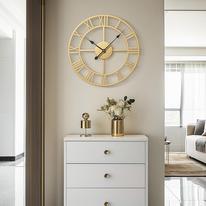 Cuspin Gold Wall Clock 16 Inch Metal Decorative Clock for Living Room, Battery-Operated Completely Silent Non Ticking Round Modern Wall Clock -Roman Number