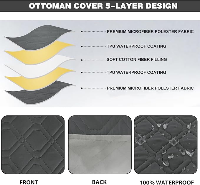 Ottoman Cover Square,Waterproof Square Ottoman Covers Thick Slipcover for Living Room,Washable Storage Footstool Furniture Protector for Dogs,Pets,Dark Grey,Large
