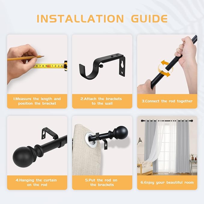 Curtain Rods for windows,1" Diameter Curtain Rod, 32-240" Standard Decorative Window Curtain Rod Set with Brackets for bathroom Kitchen Bedroom Window, Black