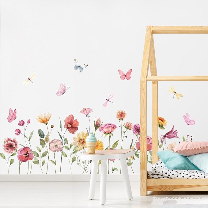 Watercolor Garden Flower Wall Decals, Peel and Stick Creative Colorful Butterfly Floral Wall Stickers, Multicolor Wildflower Wall Decor for Girls Room Nursery Bedroom Window