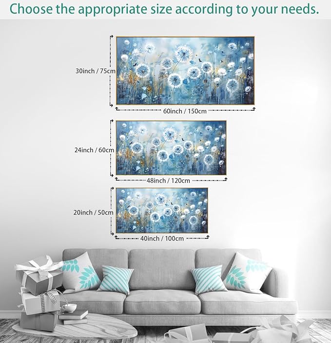 Wall Art Modern Artwork Blue Dandelion Wall Decor Floral Picture Canvas Painting for Living Room Bedroom Dining Room Home Office Decor 20"x40" with Framed