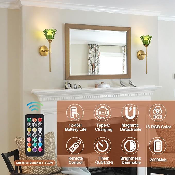 2 Pack Battery Operated Wall Sconce with Green Glass Shades, Wireless Rechargeable RGB Wall Light with Remote Control, for Bedroom Mirror Living Room
