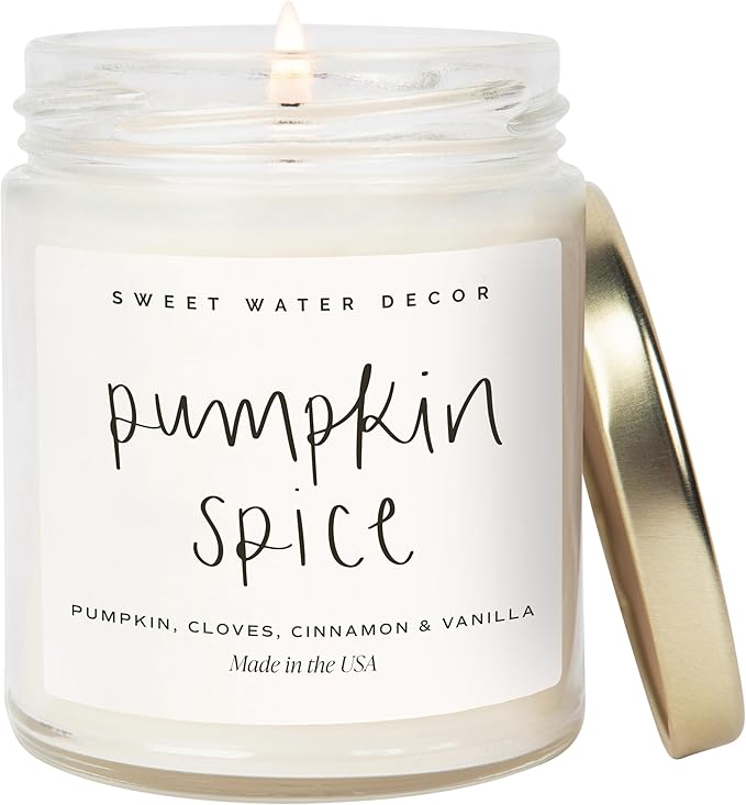 Sweet Water Decor Pumpkin Spice Candle - Fall Candles with Pumpkin, Clover, Cinnamon & Vanilla Scent for Home - Autumn Candle with 40 Hours Burn Time - 9Oz Gold Lid Clear Jar Cozy Soy Candles