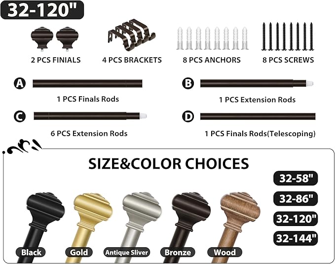 Bronze Curtain Poles for Windows 66 to 120 Inch(5.5 to 10ft), USFOOK 7/8 Inch Decorative Single Curtain Rod Set, Long Heavy Duty Drapery Rods 32 to 120, Square Finials