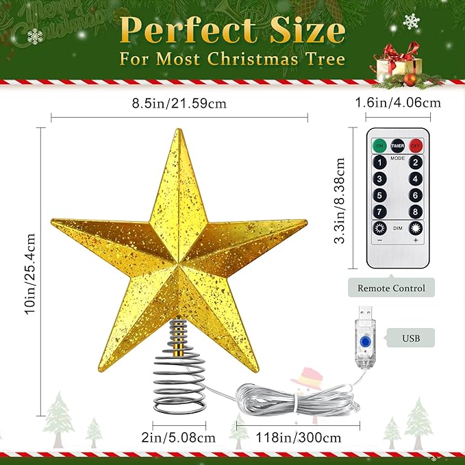 Gold Christmas Tree Star Topper with Lights, 8.5-Inch Light-Up Christmas Tree Topper with Remote Control, 4 Brightness Levels & 8 Light Modes, Faux Mercury Glitter Design with 20 Lights