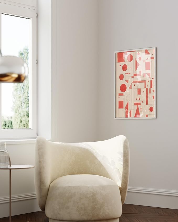 HAUS AND HUES Colorful Abstract Wall Art - Minimalist Retro Picture for Living Room Decor, Red and Pink Modern Wall Art Painting (Red Geometric, White Frame, 24x36)