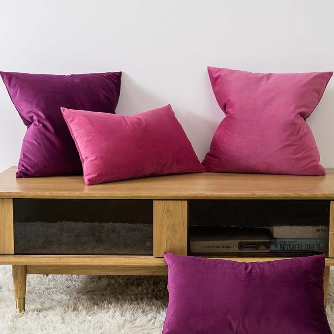 JUSPURBET Rose Red Lumbar Velvet Throw Pillow Cover 16x24 inch Set of 2,Decorative Soft Solid Cushion Cases for Couch Sofa Bed