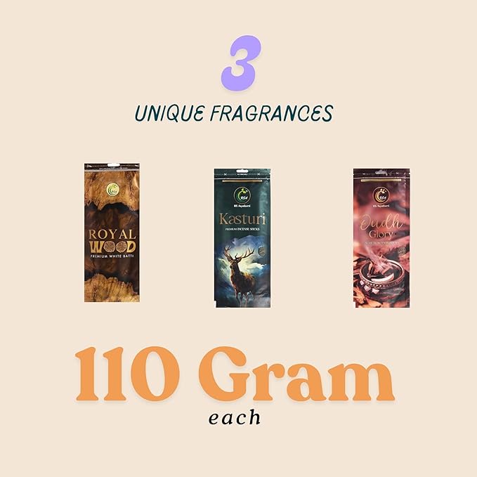 Hashcart Premium Incense Sticks Set of 3 Includes 200+ Sticks of Fragrances Each of Royal Wood, Kasturi, Oudh Glory, 110g Each, 45-50 Mins Burn Time with 1 Assorted Incense Stick Holder