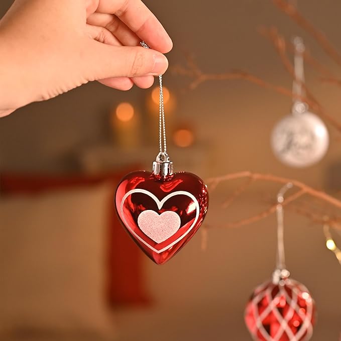 DecorbyHannah Valentines Day Christmas Tree Ornaments Decorations, 21ct Red Black Heart Shaped Ornaments Set for Tree, Valentine's Day Large Shatterproof Hanging Ball for Wedding Anniversary Party