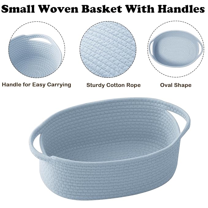 Small Woven Rope Basket-Empty Gifts Basket with Bag and Ribbons,Cute Handle Organizer Box for Birthday/Baby Shower, Toy Storage, Nursery Organizing & Shelf Decor(Blue)