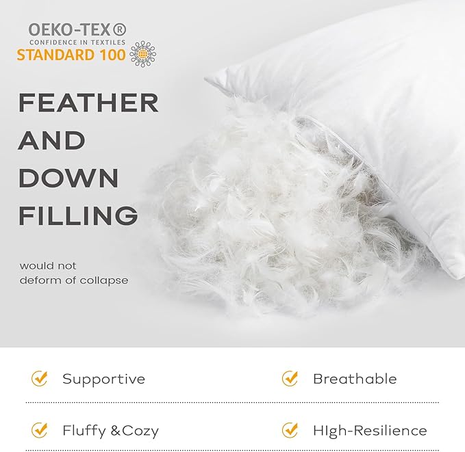 SAVORI Set of 2 Down and Feather Throw Pillow Inserts 16x16 Soft Fluffy Pillow Inserts with 100% Down-Proof Cotton Cover, Decorative Square Cushion Inner for Sofa Couch Bed-White