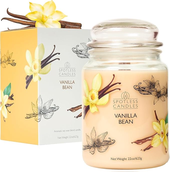 Candle Vanilla Bean 22oz with Wooden Wick in a Presentation Gift Box & Protective Shipper - Vanilla Scented Candles - Large Jar Candles