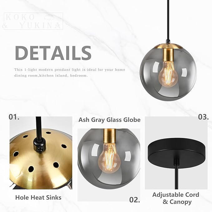 KoKo&Yukina 8 Inch Gold Pendant Light Globe Pendant Lights Kitchen Island Mid Century Light Fixture with Grey Glass Shade Adjustable Globe Cluster Lights for Dining Room Living Room