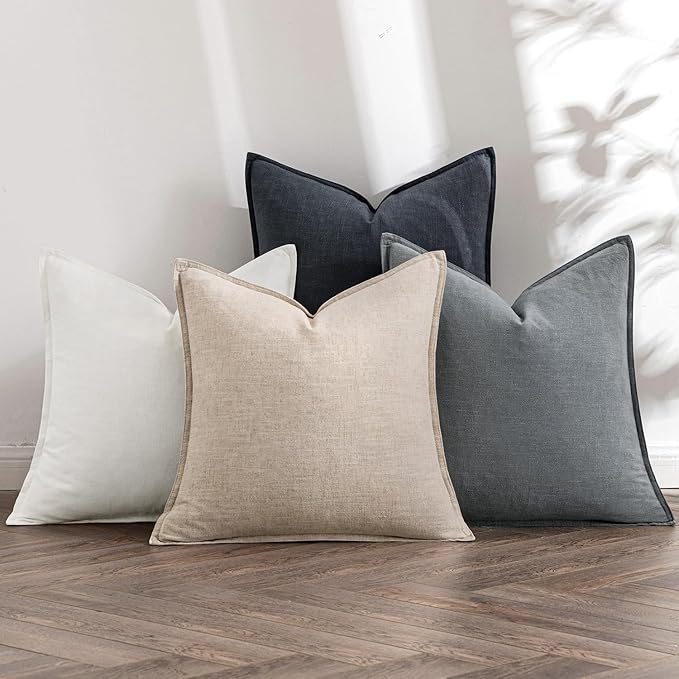 MIULEE Neutral Cream/Gray Linen Pillow Covers Pack of 4 Decorative Natural Solid Throw Pillow Covers Soft Accent Boho Farmhouse Couch Pillowcases Modern Home Decors for Living Room Bed Sofa 24x24 Inch