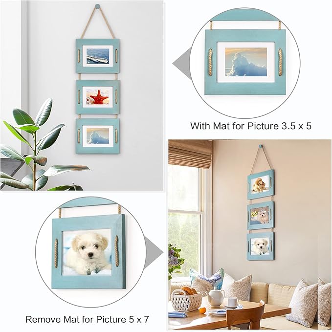 DLQuarts 5x7 Hanging Picture Frames Collage Wall Decor, Photo Frames 5x7 Without Mat & 3.5x5 with Mat, Rustic Wood 3-Frame, Ocean Blue, 2-Pack