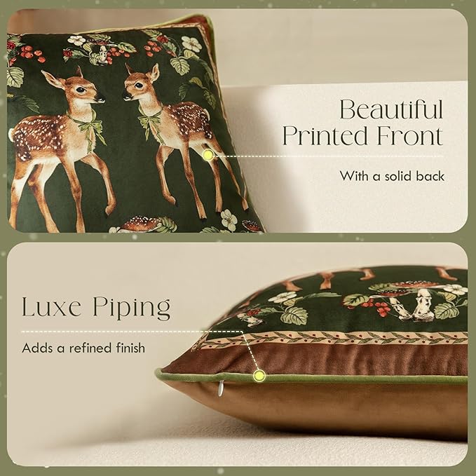 Grandmillennial Holly Deer Green Pillow Cover, Velvet Euro Sham Covers Decorative Throw Pillow Covers 18x18 for Couch Sofa Bed Living Room, Christmas & Holiday