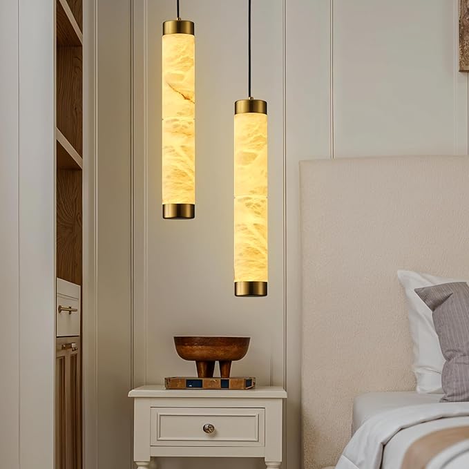 20" Alabaster Pendant Lights, 2PCS Natural Marble Cylinder Brass Pendant Light, Adjustable Modern Ceiling Light Fixtures for Kitchen Island, Dining Room, Bedroom, Living Room, Bathroom
