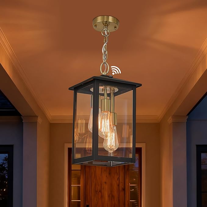 17IN Large Dusk to Dawn Outdoor Pendant Light 3-Light, Modern Black Metal Outside Chandelier Exterior Hanging Fixture Ceiling Mount with Clear Glass for Front Porch Entrance Entryway