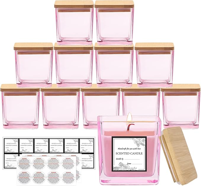 CONNOO 12 Pack 9 OZ Pink Square Candle Jars for Making Candles, Thick Glass Bulk Empty Candle Containers with Airtight Bamboo Lids for Candle Making, Sticky Warning Labels - Dishwasher Safe
