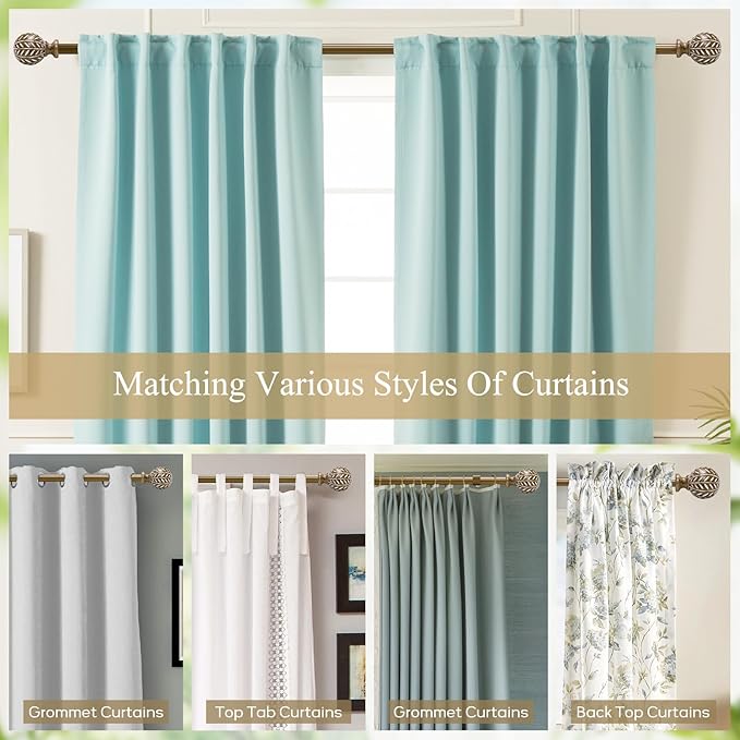 Boho Wooden Curtain Rods for Windows 48 to 84 Inches(4-7 ft), Adjustable Heavy-Duty 1" Diameter Drapery Rod with Imitation Wood-Grain Leaf-Pattern Finials - for Living Room & Bedroom，36-88''