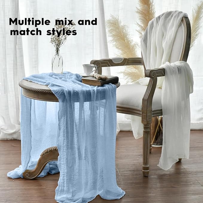 Artoid Mode Boho Cheesecloth Gauze Ice Blue Wedding Table Runner, 160 Inch Seasonal Fabric Kitchen Dining Holiday Table Decor for Home Party Indoor