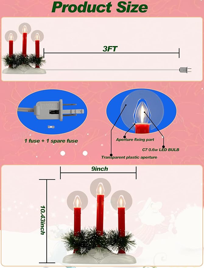 Bright Plug in Electric Window Candles, 3-Light Christmas Candolier with Safe LED Bulbs, Modern Flameless Candle Light Lamp for Holiday, Home & Party Decor, UL Listed