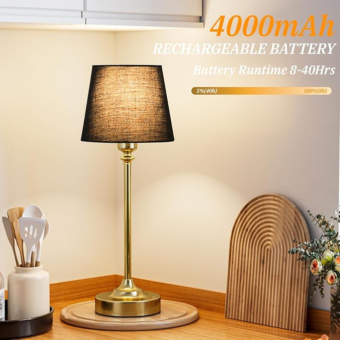Kakanuo Cordless Table Lamps Rechargeable Set - 2 Pack Brass 4000mAH Battery Operated Lamps for Decor, 3000K Stepless Dimming Touch Wireless Lamp for Bedroom, Dining Table, Living Room, Black Shade