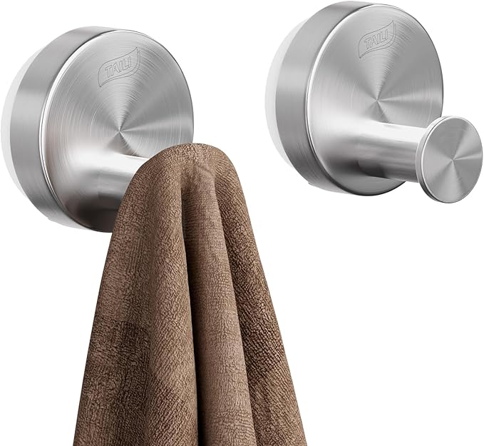TAILI 304 Stainless Steel Bathroom Suction Hooks for Towel, Bathrobe, Loofah, Patented Strong Suction Cup Holder, No Damage Hanging Glass Shower Wall Hook, Classic Round, 2 Pack, Silver