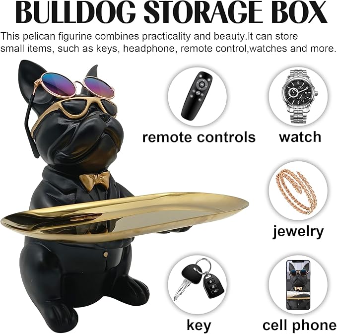 Bulldog Tray Statue, Sitting Bulldog Candy Dish Key Holder Bowl, Bulldog Accessories, Resin Statues for Office Desk Home Decor Figurines Entryway Table Decor (Black)
