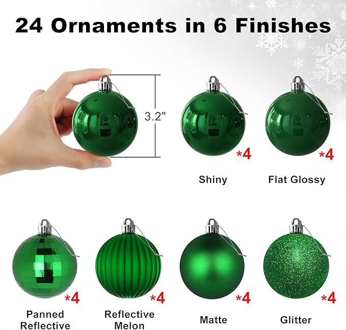Emerald Green 3.2" Large Christmas Balls - Christmas Tree Decoration Ornaments Shatterproof Hanging Balls for Birthday Halloween Holiday Wedding Decorations Set of 24pcs