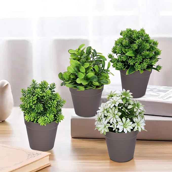 VENTO 4 Pack Fake Artificial Plants with Brown Pots, Realistic Succulent, shrubs Potted Plants for Home, Kitchen, Bathroom, and Office Decor, Durable Non-Toxic Plastic, UV Resistant, Easy to Clean