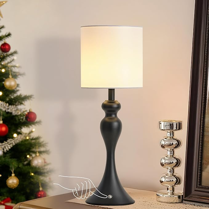 Table Lamp for Bedroom, Cordless Bedside Lamps for Living Room, Touch 3-Way Dimmable Desk Lamp for Night Stands, Rechargeable, Battery Operated Lamp with Fabric Shade for Dorm, Home Office (Black)