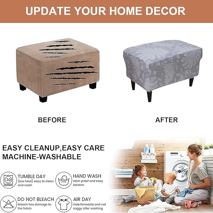 Eco-Ancheng Chair Cover Stretch Ottoman Cover Rectangular Storage Ottoman Slipcover Footrest Stool Covers Ottoman Slipcovers for Foot Stool with Nonslip Elastic Bottom
