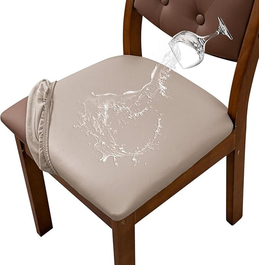 Waterproof PU Leather Seat Covers for Dining Room Chairs Set of 6, Stretch Dining Chair Slipcovers, Kitchen Chair Seat Covers, Non-Slip & Washable (Khaki)